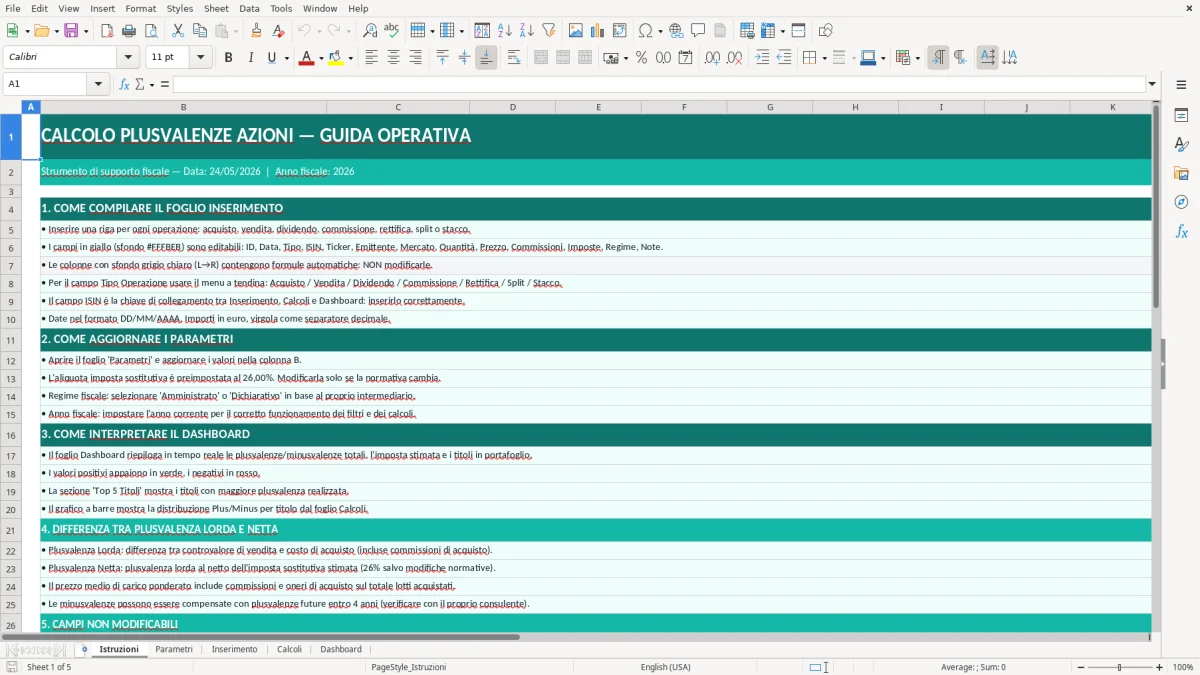 Screenshot 1: Foglio Istruzioni - Modello Excel calcolo plusvalenze azioni excel