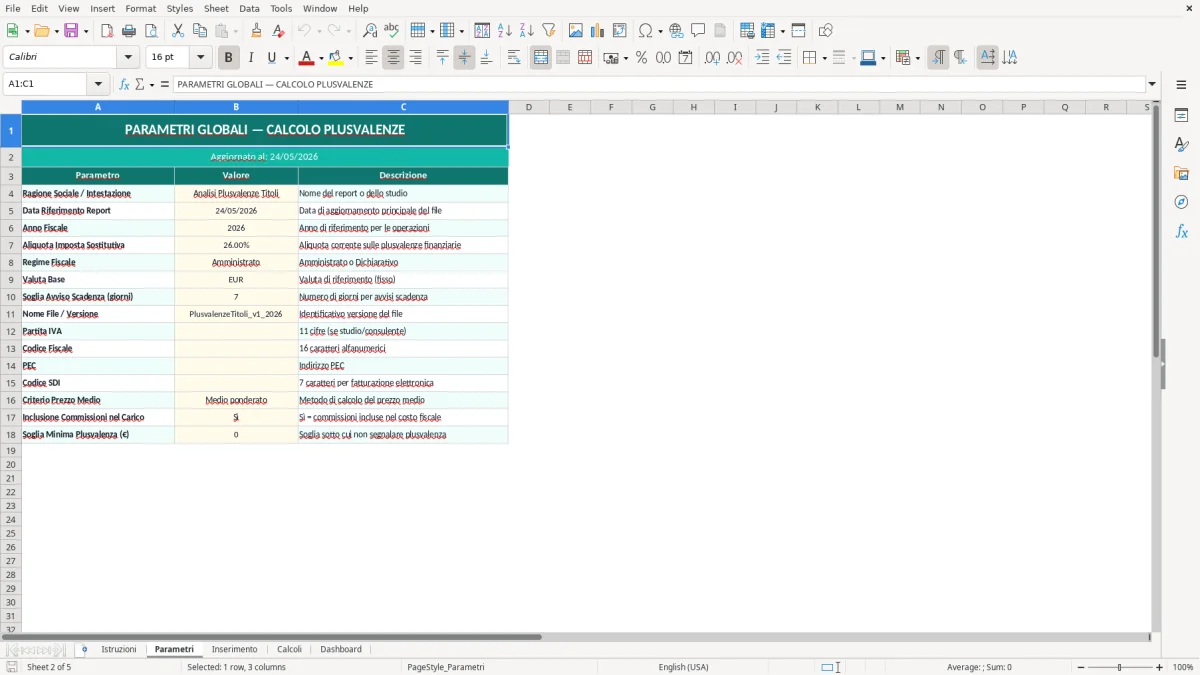 Screenshot 2: Foglio Parametri - Modello Excel calcolo plusvalenze azioni excel