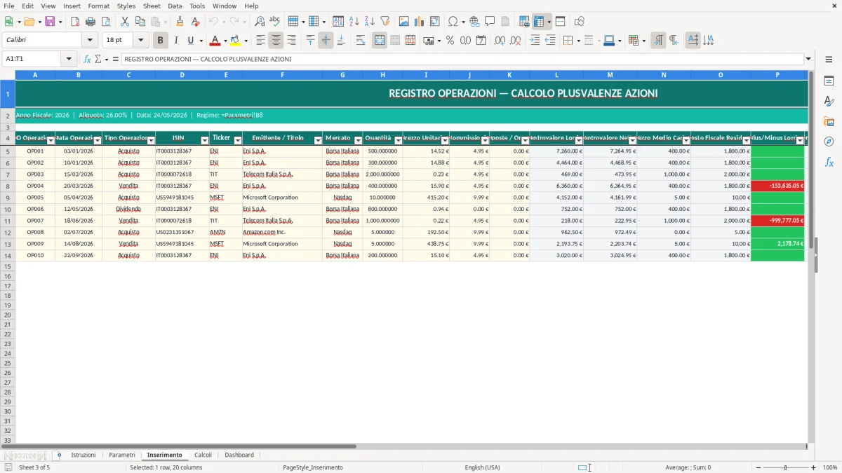 Screenshot 3: Foglio Inserimento - Modello Excel calcolo plusvalenze azioni excel