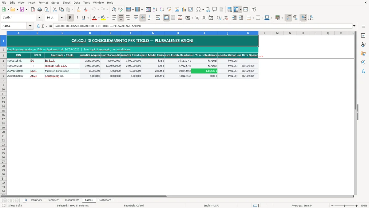 Screenshot 4: Foglio Calcoli - Modello Excel calcolo plusvalenze azioni excel