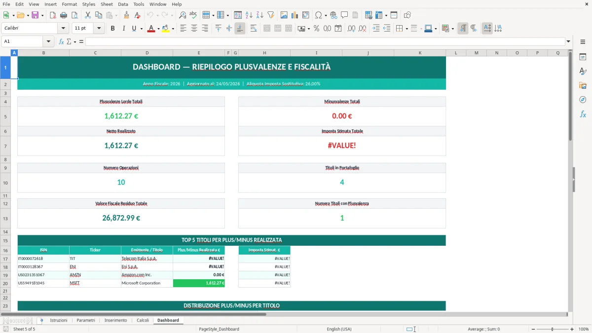 Screenshot 5: Foglio Dashboard - Modello Excel calcolo plusvalenze azioni excel