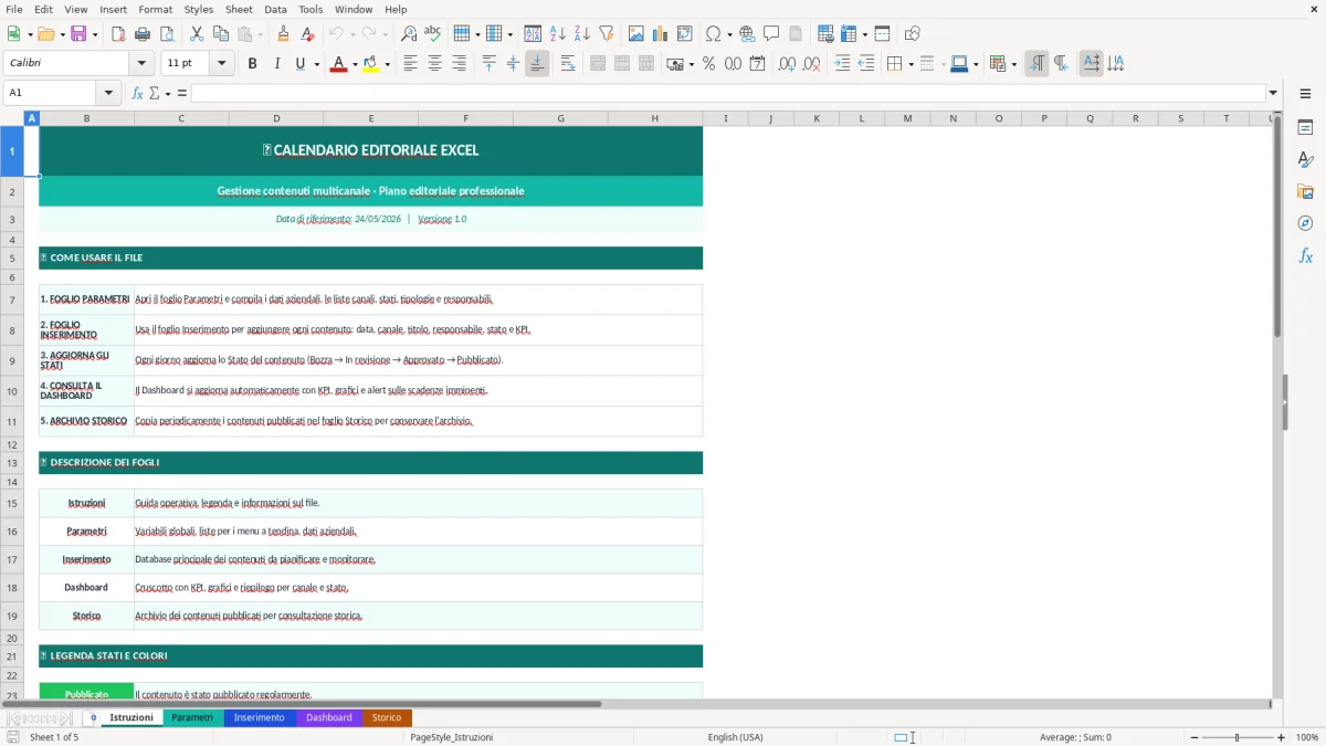 Screenshot 1: Foglio Istruzioni - Modello Excel calendario editoriale excel