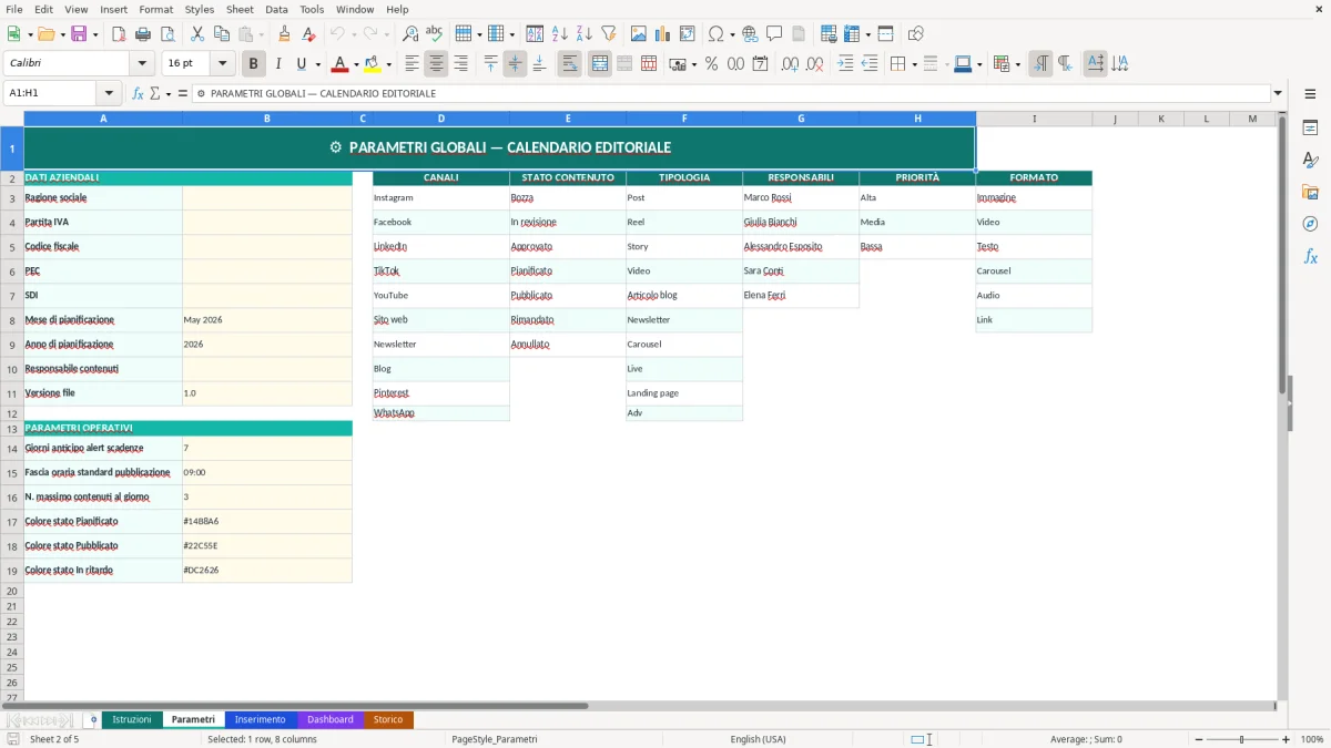 Screenshot 2: Foglio Parametri - Modello Excel calendario editoriale excel