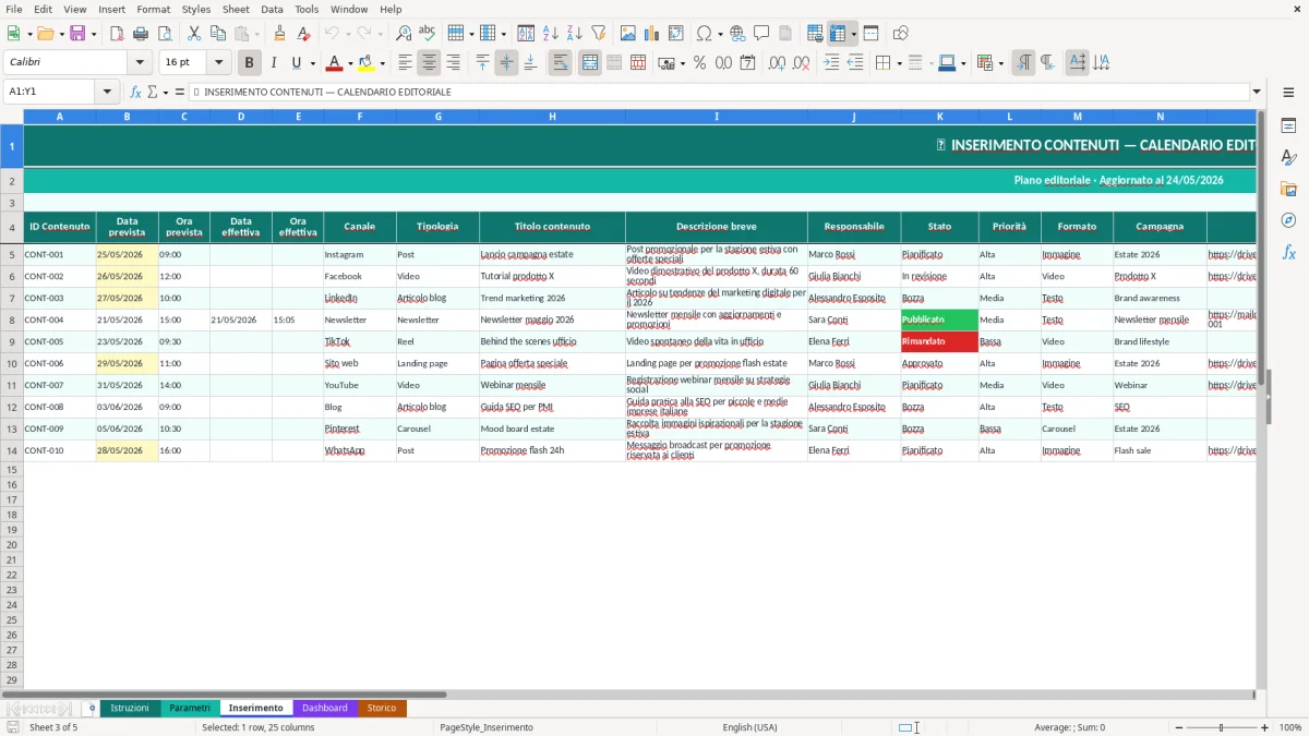 Screenshot 3: Foglio Inserimento - Modello Excel calendario editoriale excel