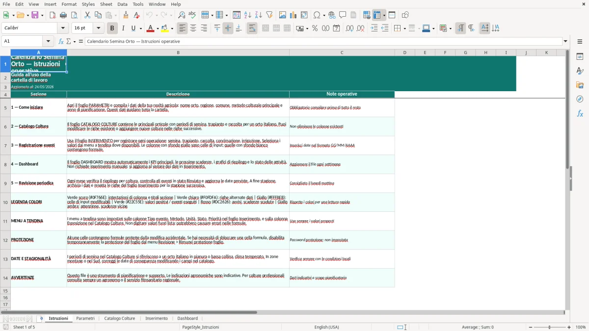 Screenshot 1: Foglio Istruzioni - Modello Excel calendario semina orto excel