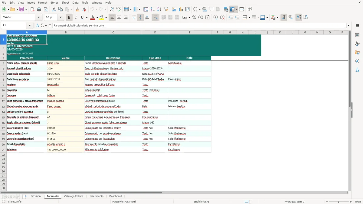 Screenshot 2: Foglio Parametri - Modello Excel calendario semina orto excel