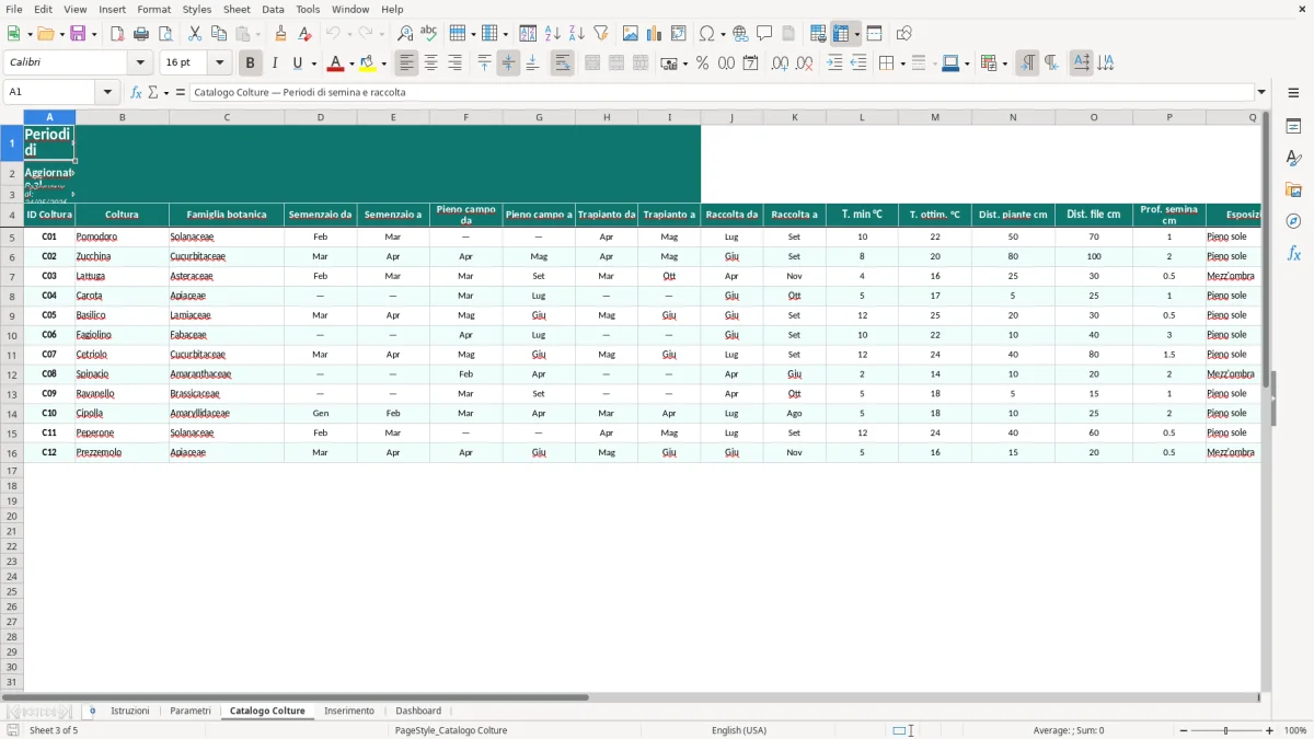 Screenshot 3: Foglio Catalogo Colture - Modello Excel calendario semina orto excel