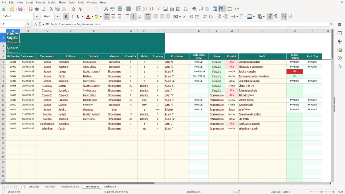 Screenshot 4: Foglio Inserimento - Modello Excel calendario semina orto excel