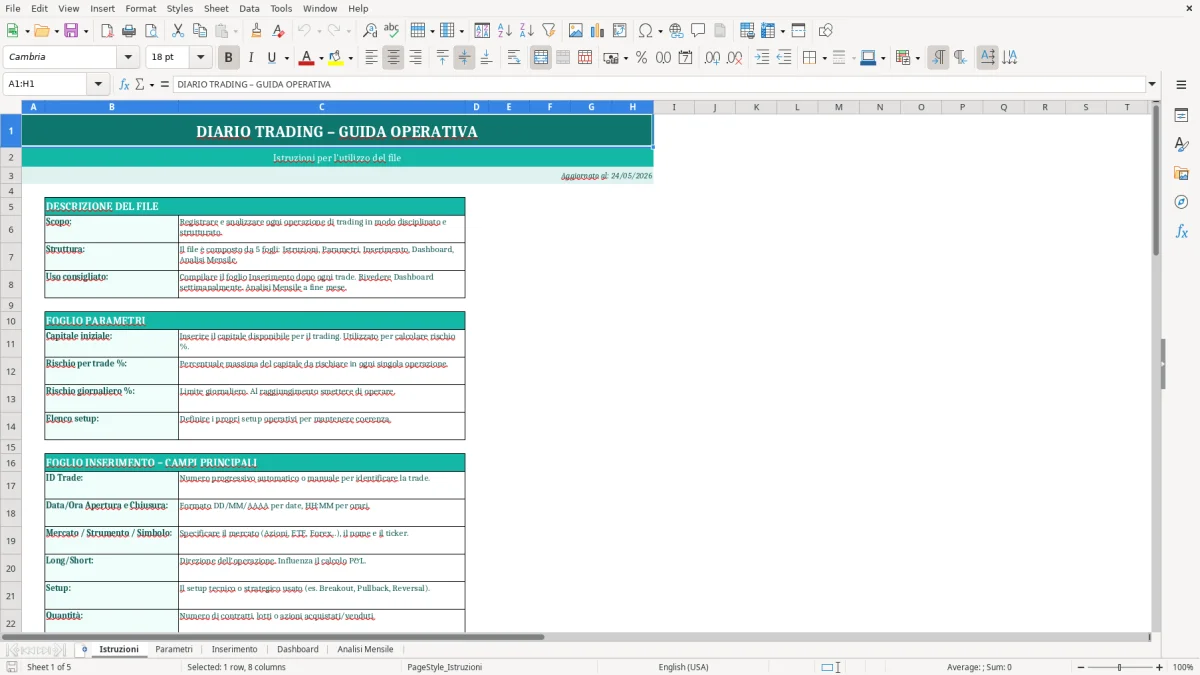 Screenshot 1: Foglio Istruzioni - Modello Excel diario trading excel