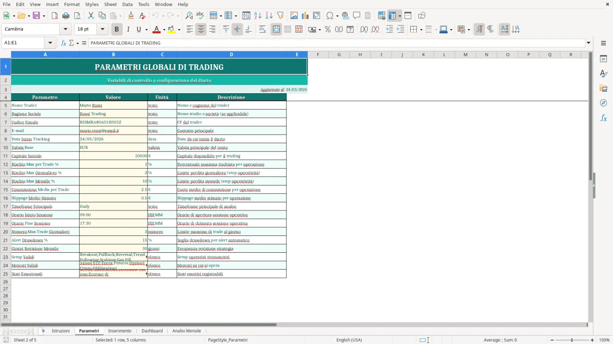 Screenshot 2: Foglio Parametri - Modello Excel diario trading excel