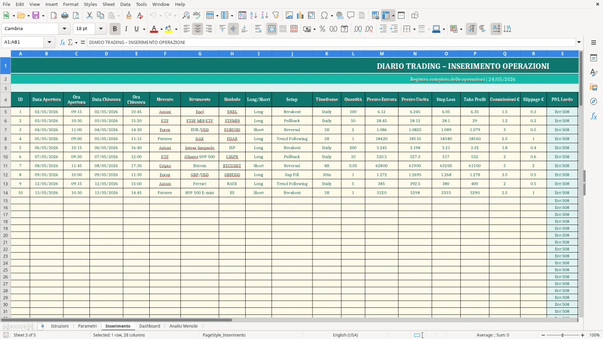 Screenshot 3: Foglio Inserimento - Modello Excel diario trading excel