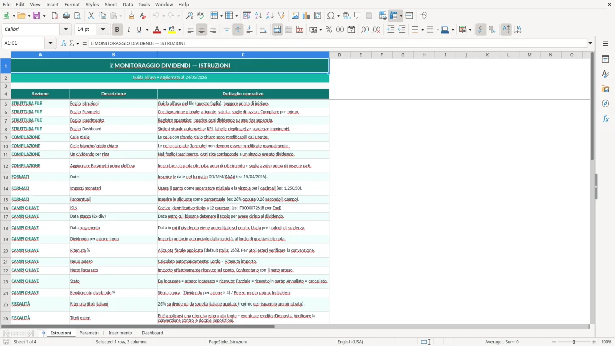 Screenshot 1: Foglio Istruzioni - Modello Excel monitoraggio dividendi excel