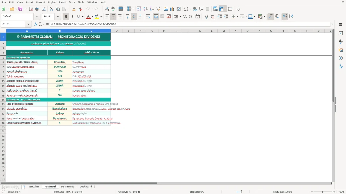 Screenshot 2: Foglio Parametri - Modello Excel monitoraggio dividendi excel