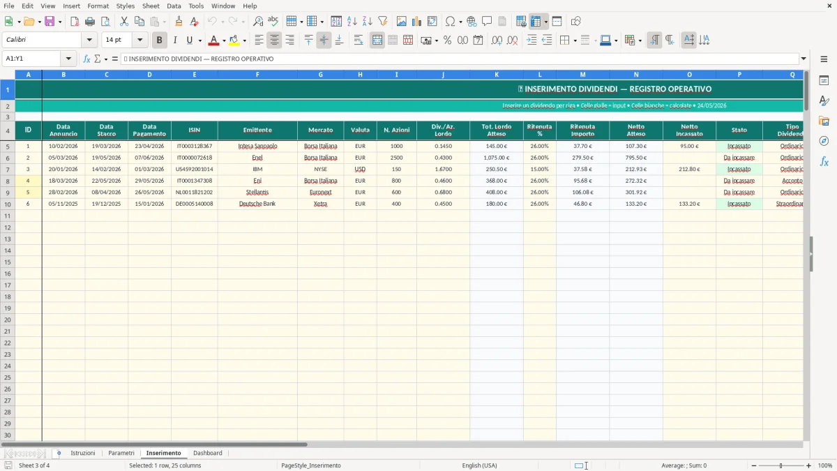Screenshot 3: Foglio Inserimento - Modello Excel monitoraggio dividendi excel