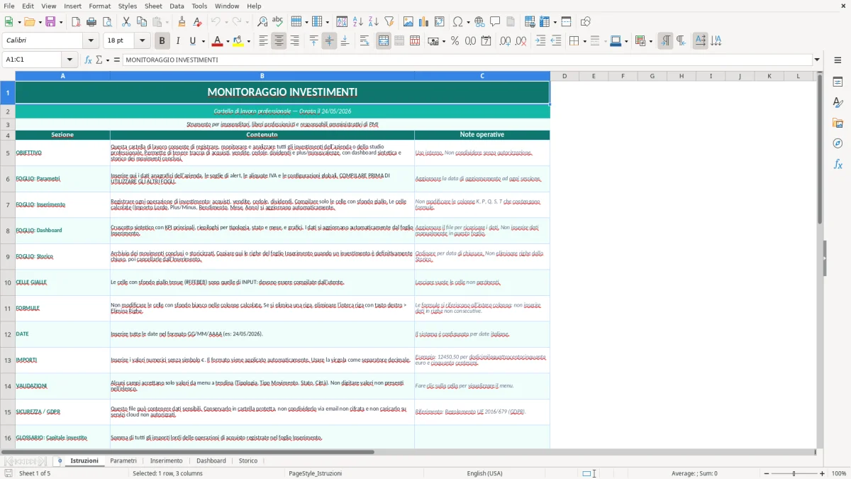 Screenshot 1: Foglio Istruzioni - Modello Excel monitoraggio investimenti excel