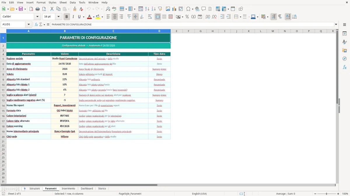Screenshot 2: Foglio Parametri - Modello Excel monitoraggio investimenti excel