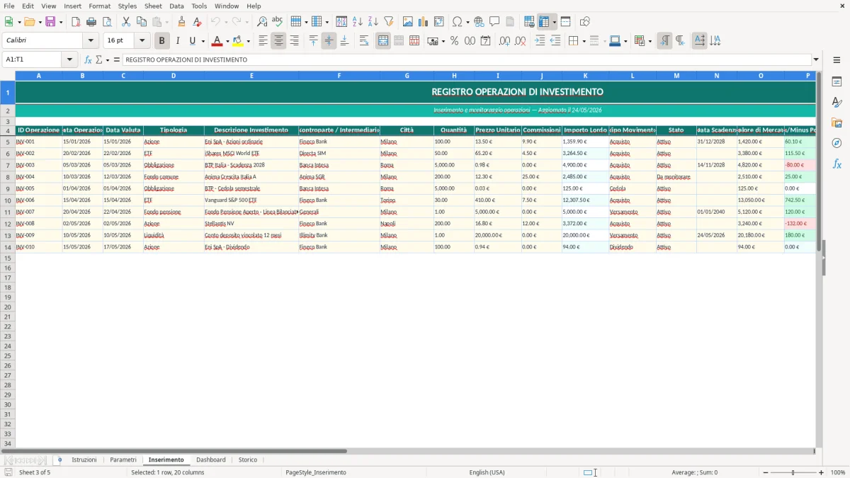 Screenshot 3: Foglio Inserimento - Modello Excel monitoraggio investimenti excel