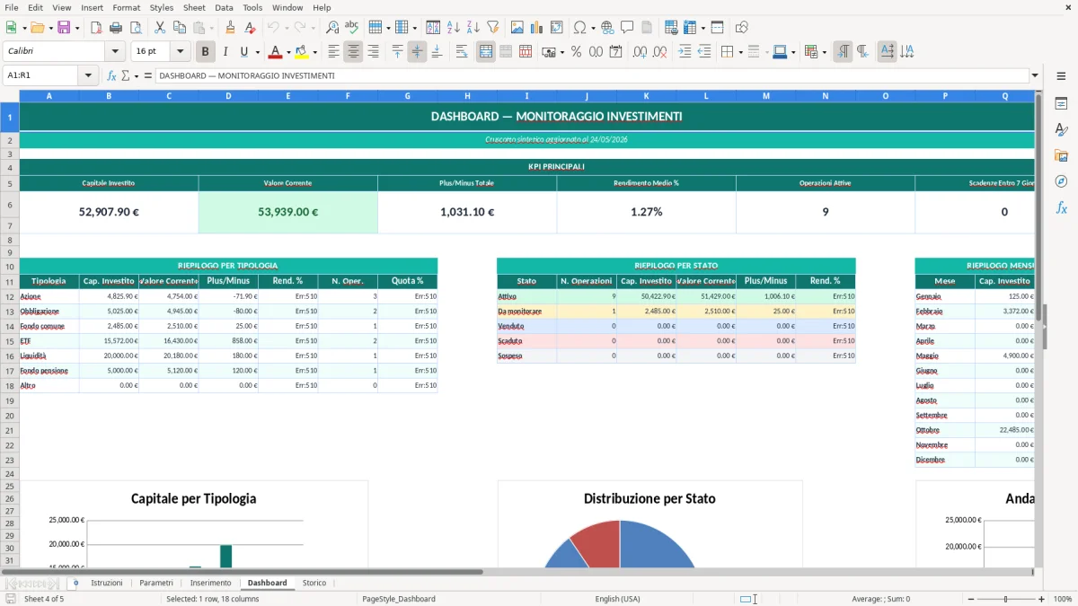Screenshot 4: Foglio Dashboard - Modello Excel monitoraggio investimenti excel