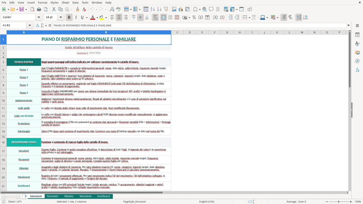 Screenshot 1: Foglio Istruzioni - Modello Excel obiettivi risparmio excel