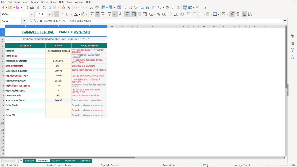 Screenshot 2: Foglio Parametri - Modello Excel obiettivi risparmio excel