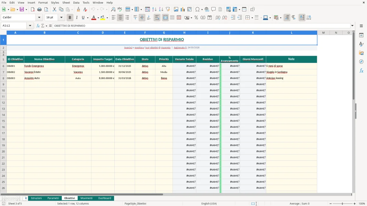 Screenshot 3: Foglio Obiettivi - Modello Excel obiettivi risparmio excel