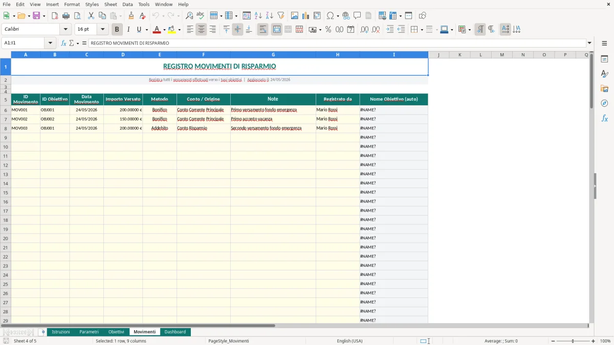 Screenshot 4: Foglio Movimenti - Modello Excel obiettivi risparmio excel