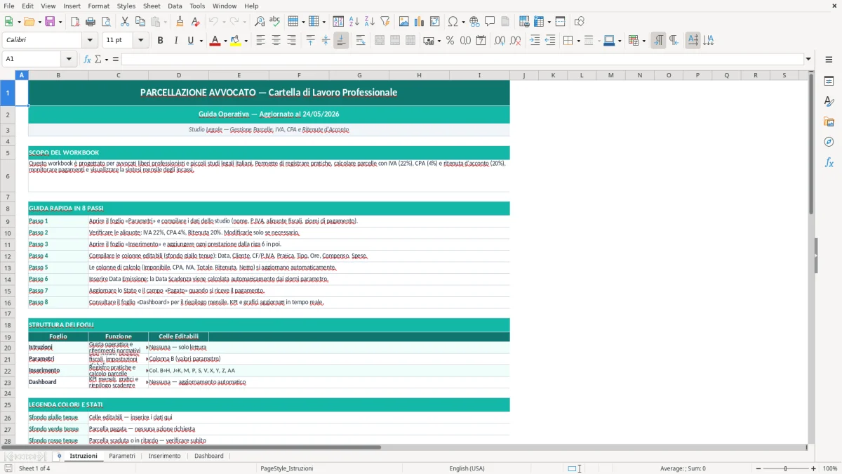 Screenshot 1: Foglio Istruzioni - Modello Excel parcellazione avvocato excel