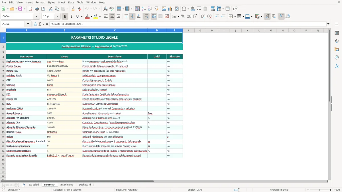 Screenshot 2: Foglio Parametri - Modello Excel parcellazione avvocato excel