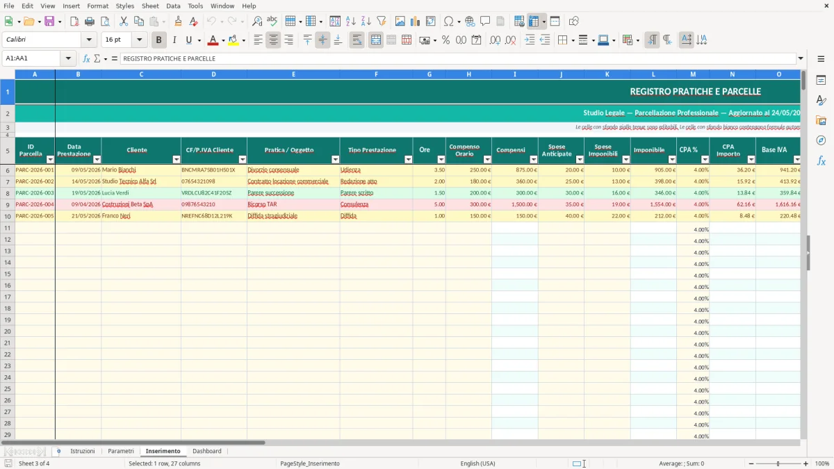 Screenshot 3: Foglio Inserimento - Modello Excel parcellazione avvocato excel