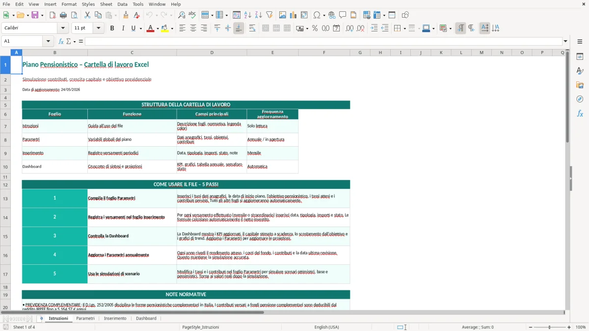 Screenshot 1: Foglio Istruzioni - Modello Excel piano pensionistico excel