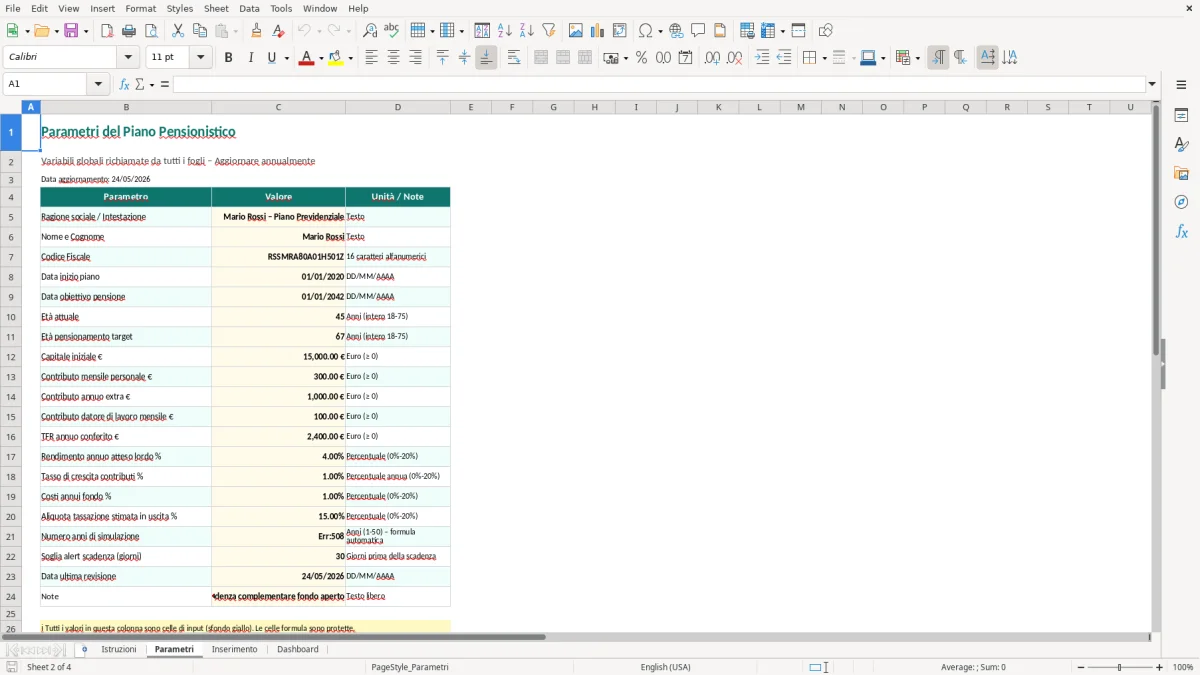 Screenshot 2: Foglio Parametri - Modello Excel piano pensionistico excel