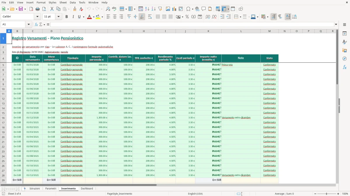 Screenshot 3: Foglio Inserimento - Modello Excel piano pensionistico excel