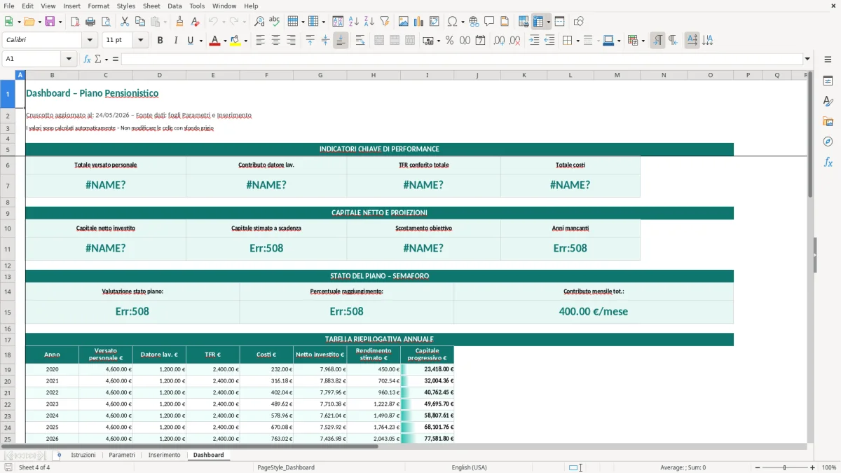 Screenshot 4: Foglio Dashboard - Modello Excel piano pensionistico excel