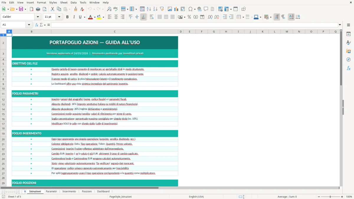 Screenshot 1: Foglio Istruzioni - Modello Excel portafoglio azioni excel