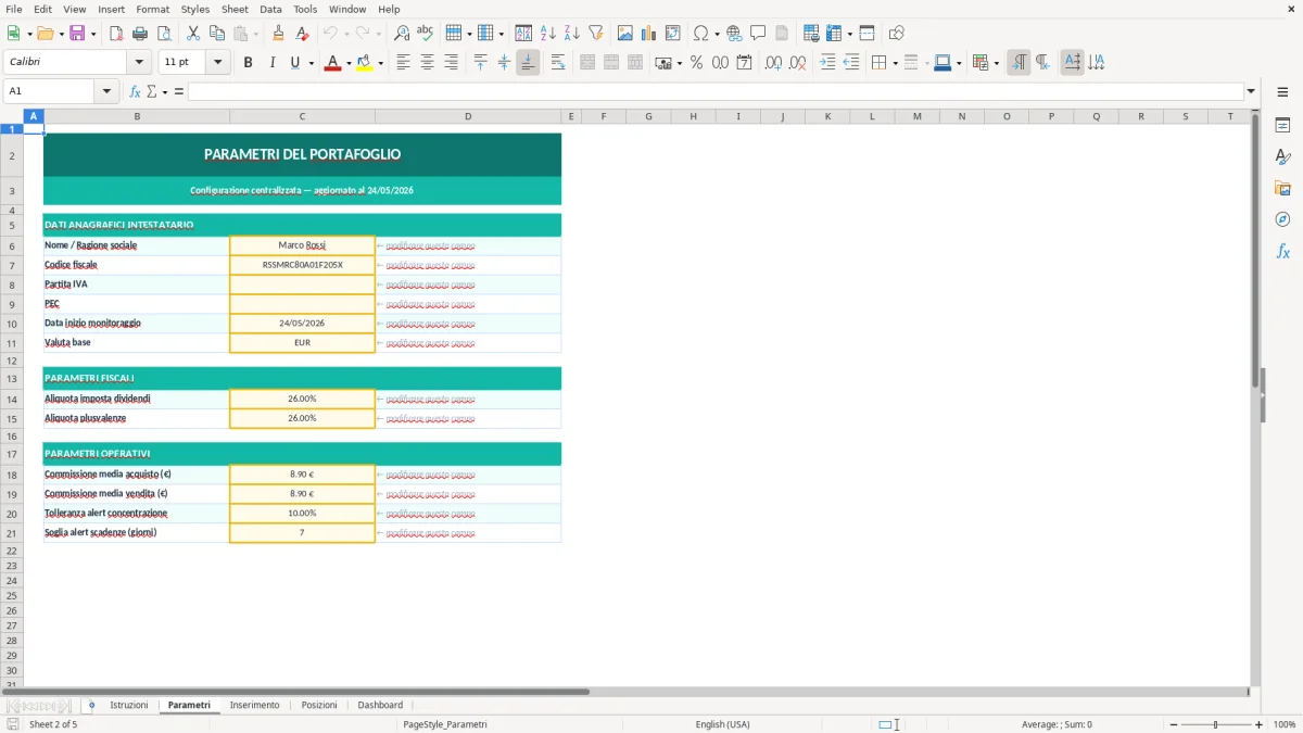 Screenshot 2: Foglio Parametri - Modello Excel portafoglio azioni excel