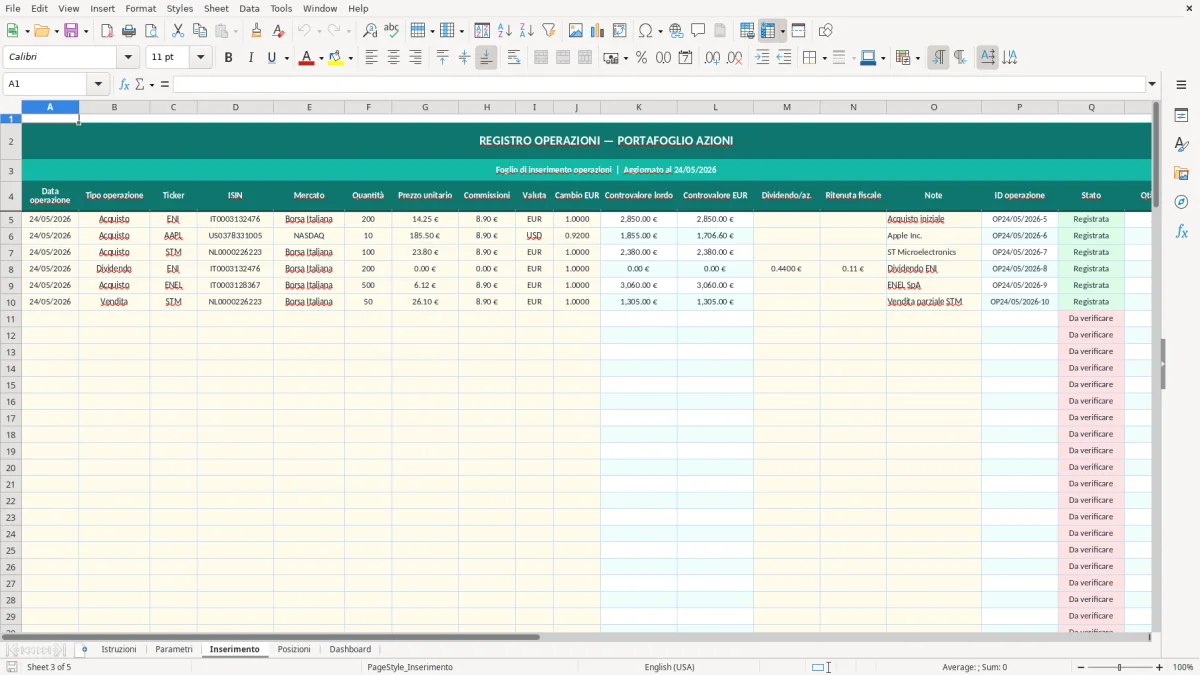 Screenshot 3: Foglio Inserimento - Modello Excel portafoglio azioni excel