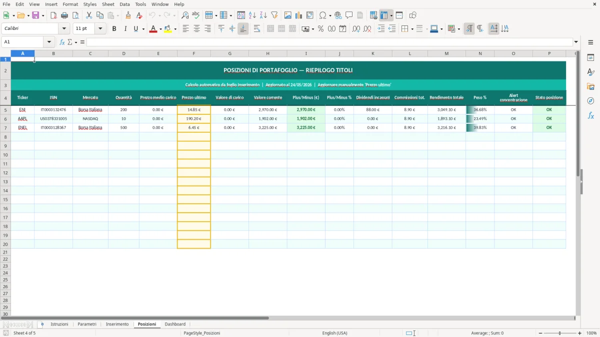 Screenshot 4: Foglio Posizioni - Modello Excel portafoglio azioni excel