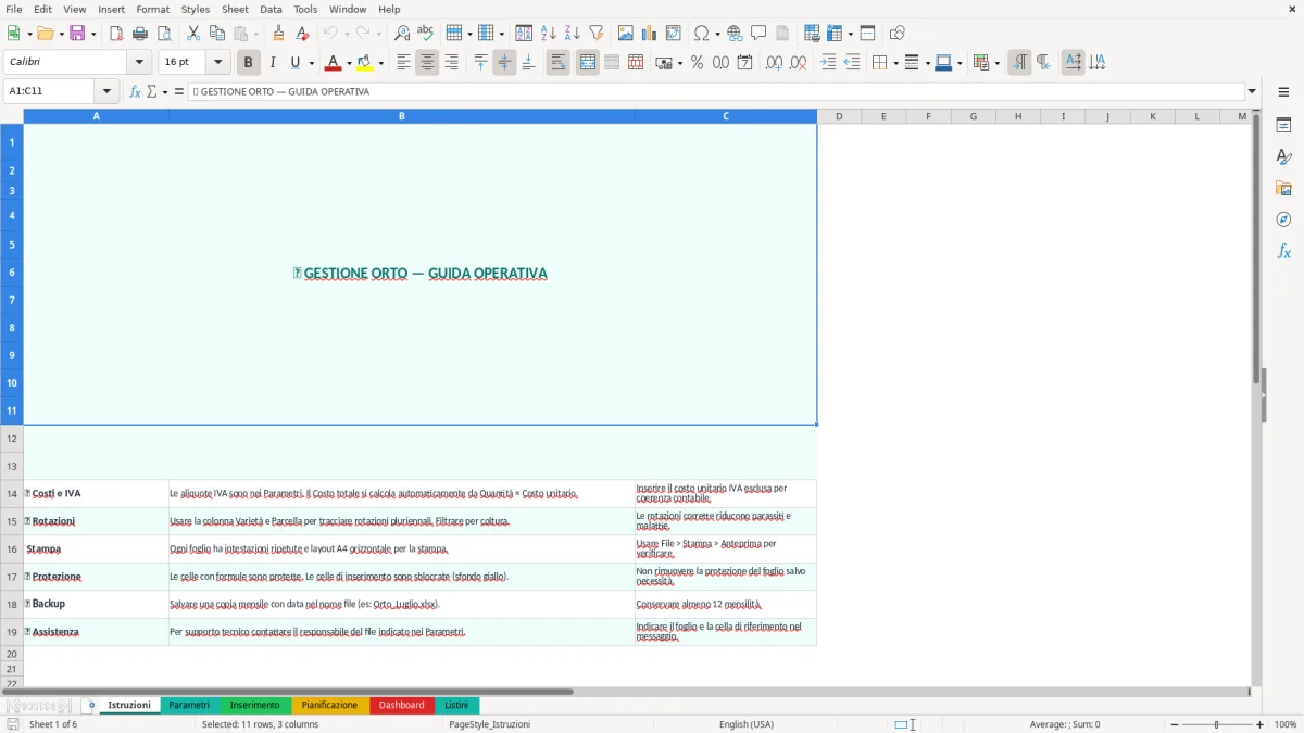 Screenshot 1: Foglio Istruzioni - Modello Excel progetto orto excel