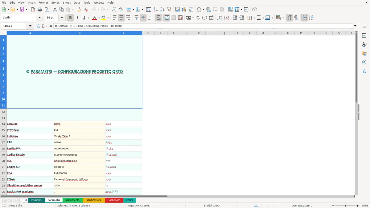 Screenshot 2: Foglio Parametri - Modello Excel progetto orto excel