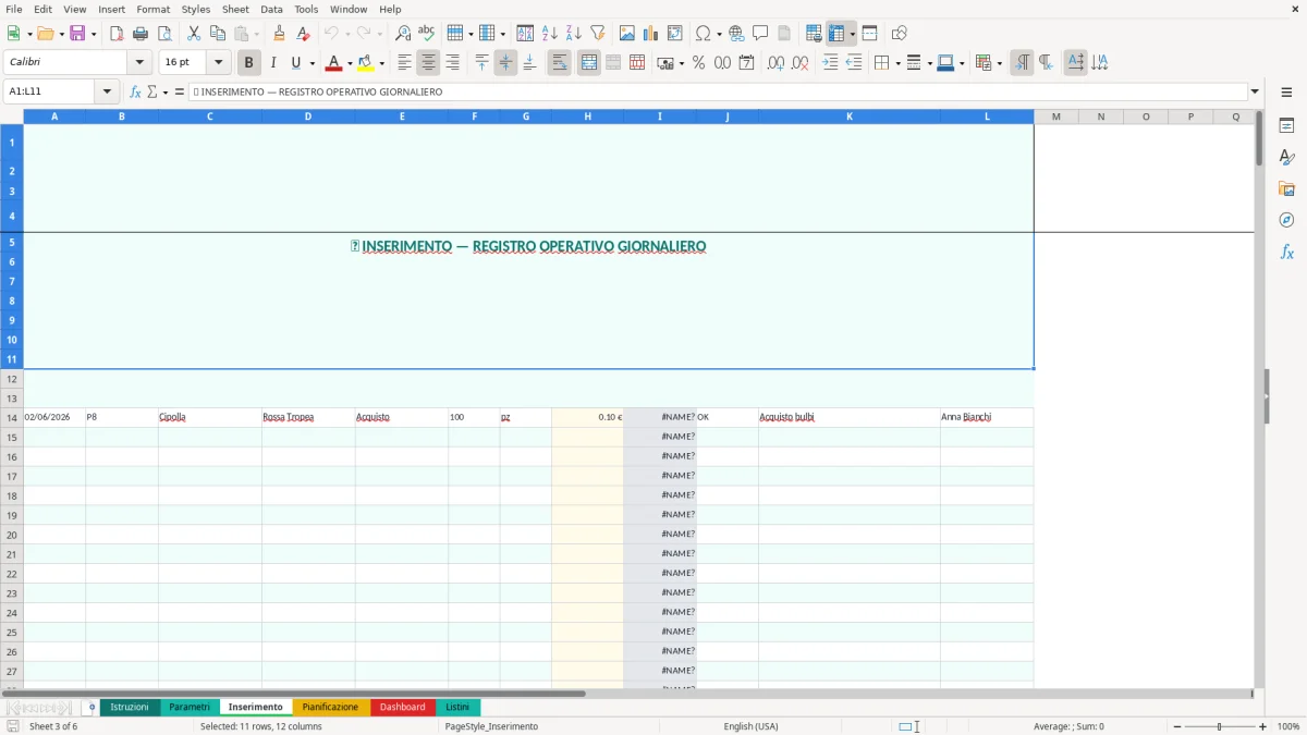 Screenshot 3: Foglio Inserimento - Modello Excel progetto orto excel