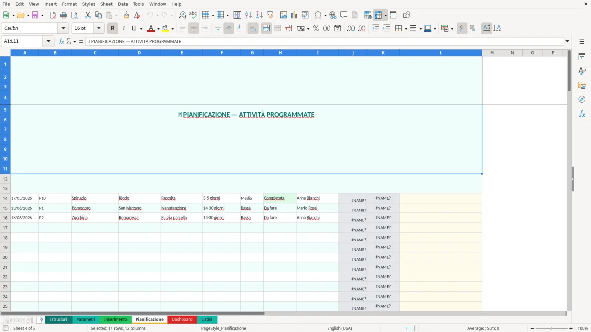 Screenshot 4: Foglio Pianificazione - Modello Excel progetto orto excel