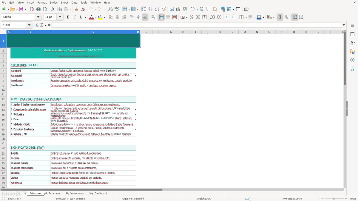 Screenshot 1: Foglio Istruzioni - Modello Excel registro pratiche legali excel