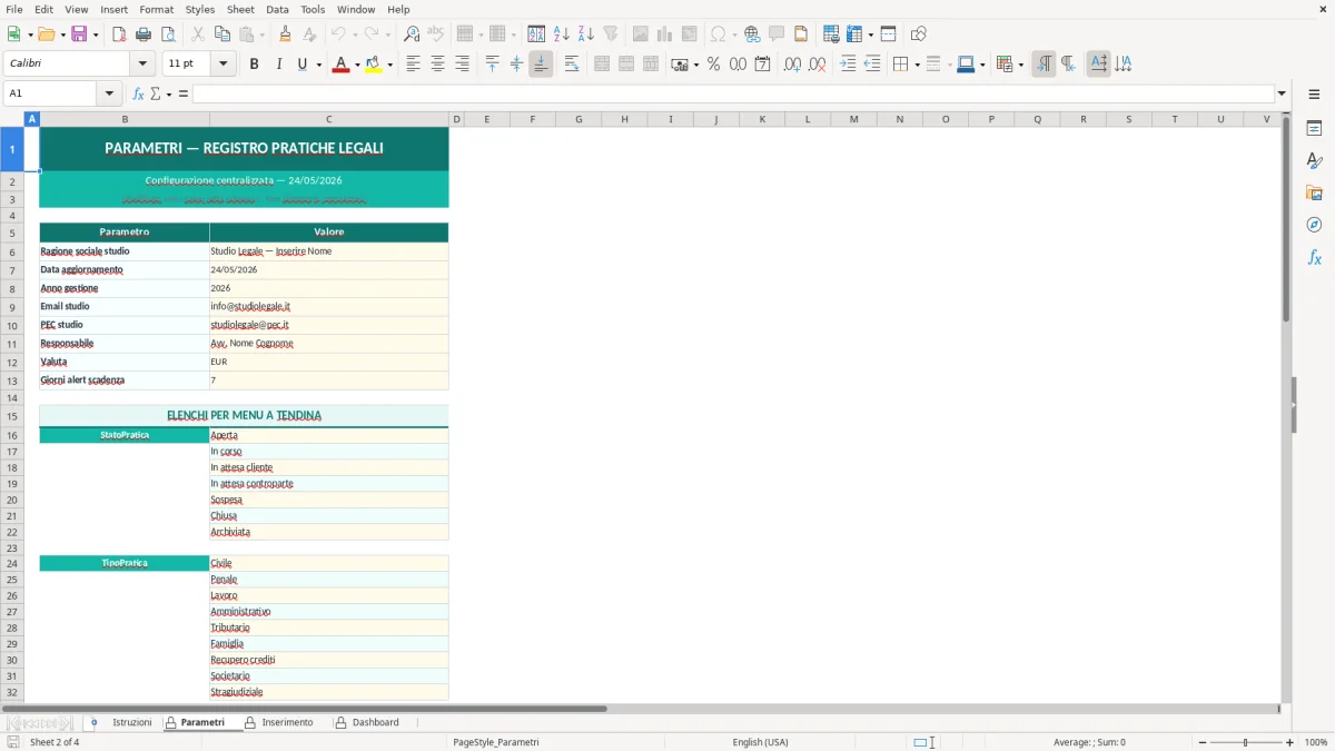 Screenshot 2: Foglio Parametri - Modello Excel registro pratiche legali excel