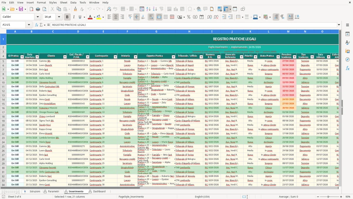 Screenshot 3: Foglio Inserimento - Modello Excel registro pratiche legali excel