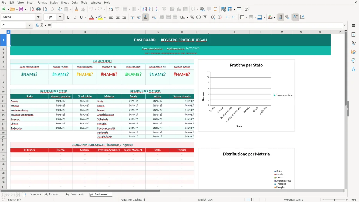 Screenshot 4: Foglio Dashboard - Modello Excel registro pratiche legali excel