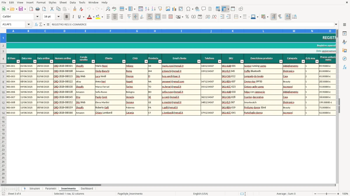 Screenshot 1: Foglio Istruzioni - Modello Excel resi ecommerce excel