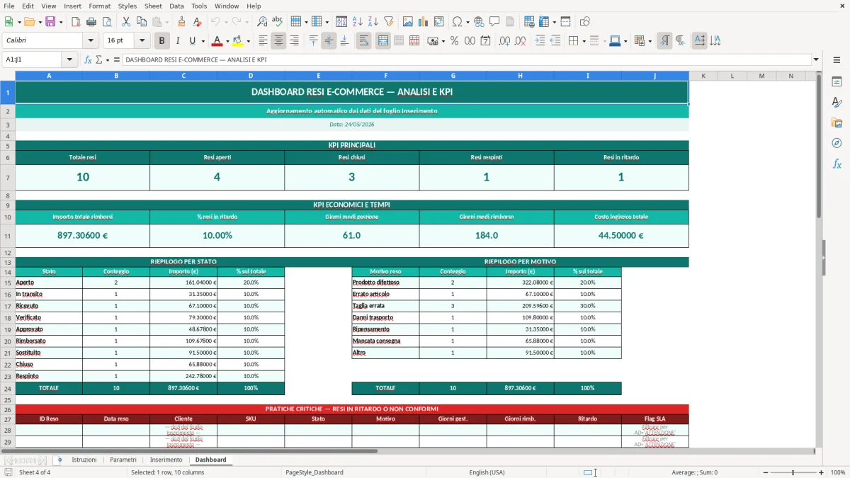 Screenshot 2: Foglio Parametri - Modello Excel resi ecommerce excel