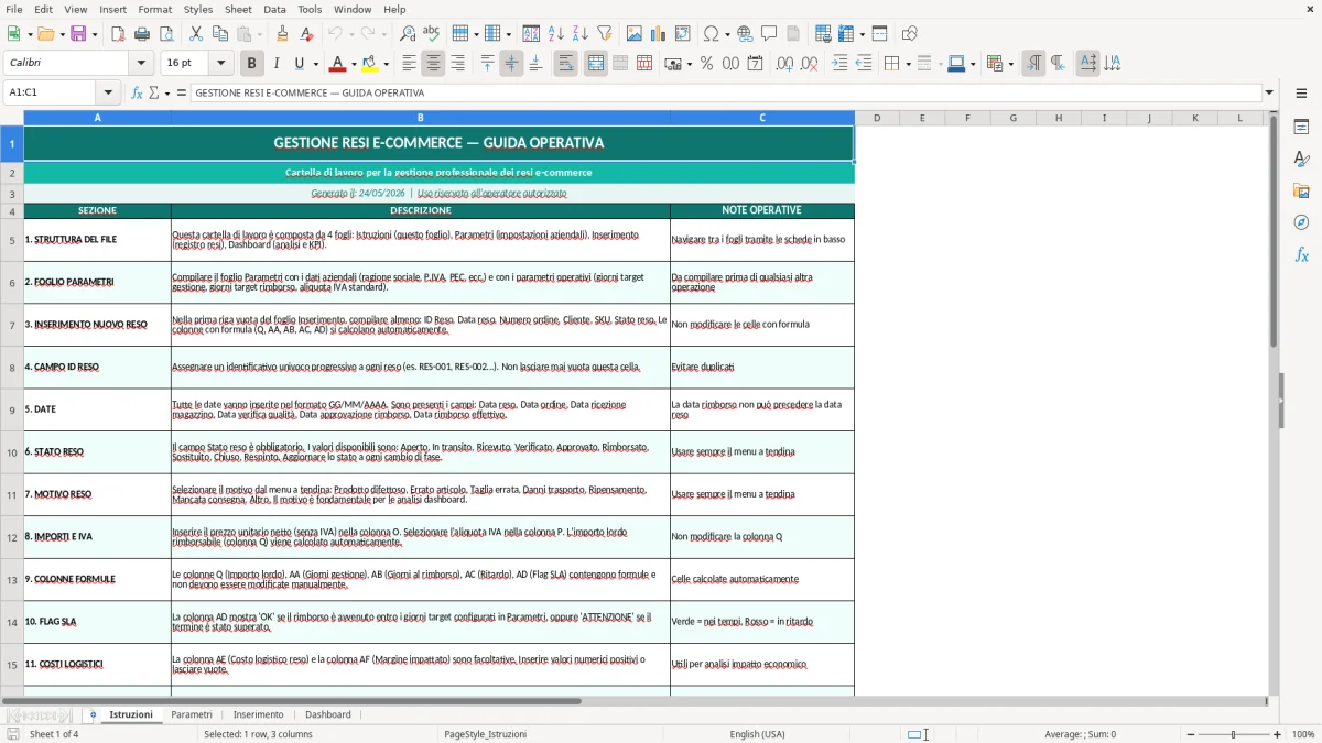 Screenshot 3: Foglio Inserimento - Modello Excel resi ecommerce excel