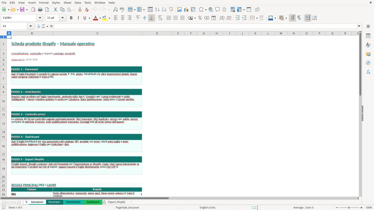 Screenshot 1: Foglio Istruzioni - Modello Excel scheda prodotto shopify excel