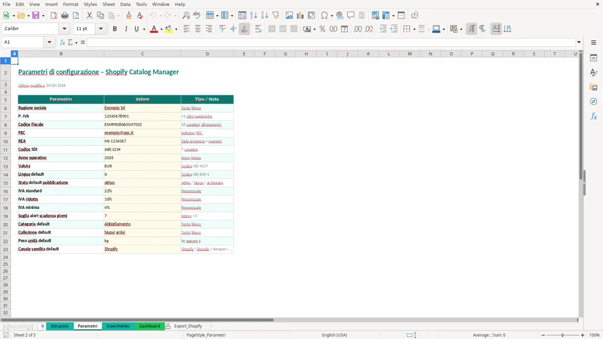 Screenshot 2: Foglio Parametri - Modello Excel scheda prodotto shopify excel